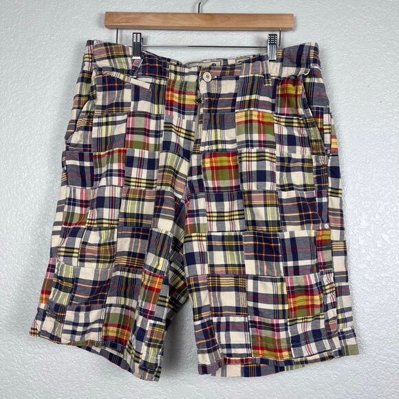 Y2K Mens 32 Multicolor Patchwork Madras Plaid 100% Cotton Shorts Boho Preppy - Picture 1 of 6